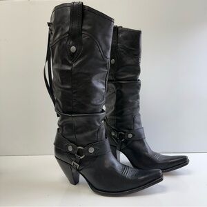 Charlie 1 Horse Black leather Cowgirl Boots 8.5 tall —FLAWED —